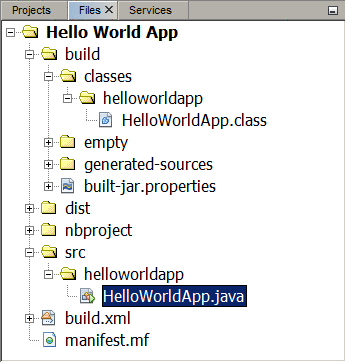 Files window, showing the generated .class file.