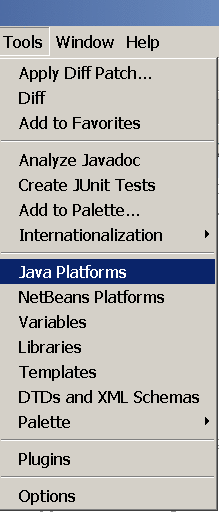 Selecting the Java Platform Manager from the Tools Menu