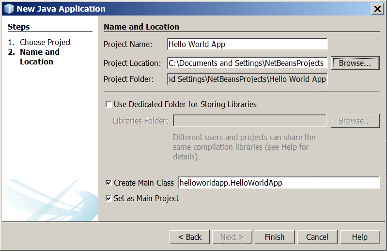 NetBeans IDE, New Project wizard, Name and Location page.