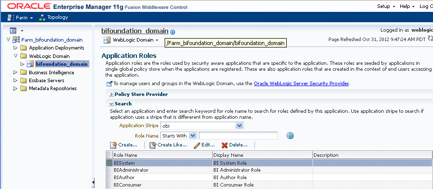 Application Roles page in Fusion Middleware Control.
