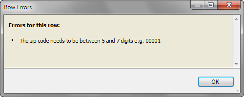 Dialog displaying row error message