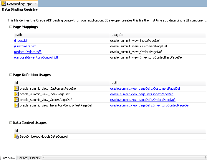 overview editor for DataBindings.cpx file