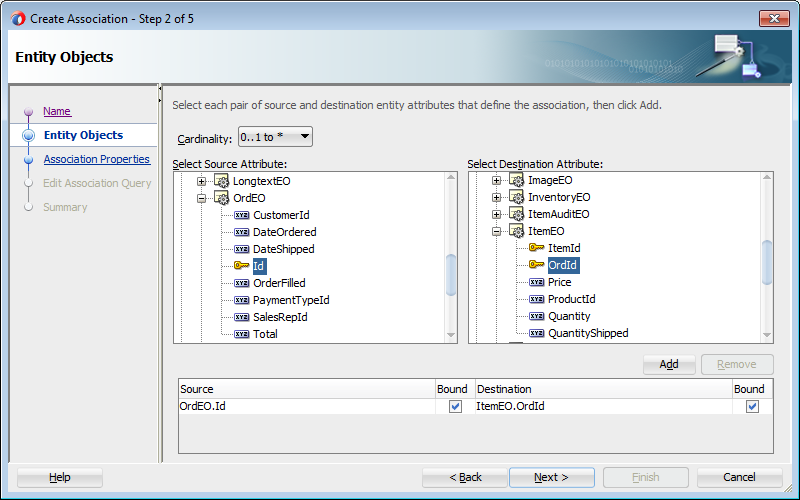 Image shows step 2 of the Create Association wizard