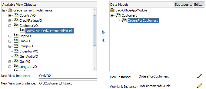 Data Model page of Create Application Module wizard.
