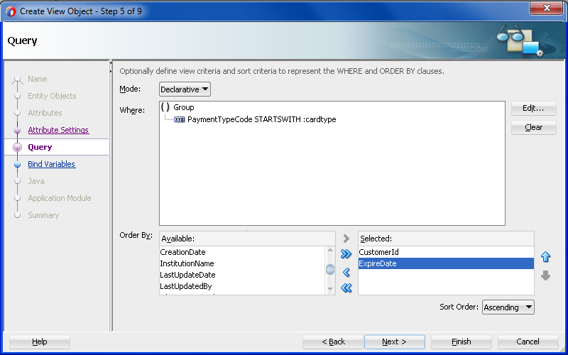 Step 5 of Create View Object wizard in SI mode