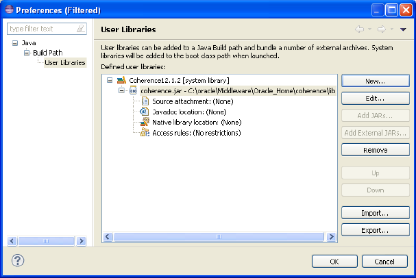 coherence.jar File Defined in the Coherence User Library