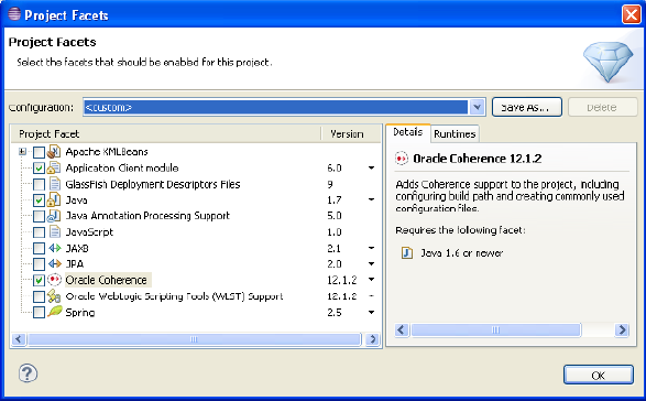 Selecting Oracle Coherence in the Project Facets Dialog Box