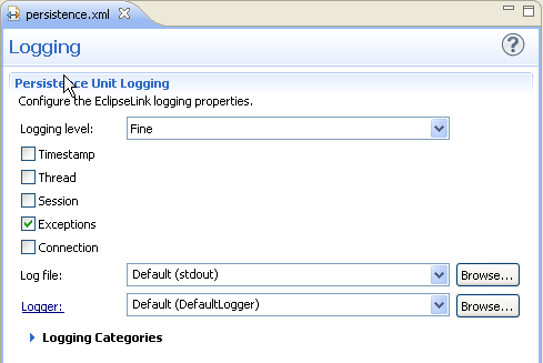 The Logging Tab in the persistence.xml Editor.