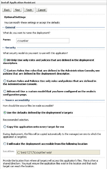 Optional Settings Page of the Installation Assistant