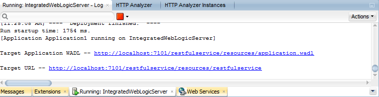integrated server log window showing WADL link