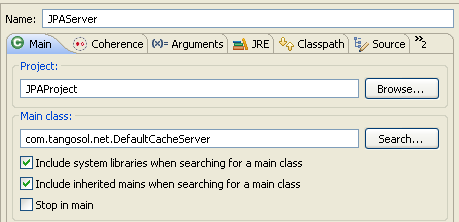 Main Tab for the JPA Cache Server