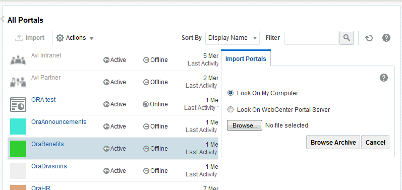 Import Portals pane on the Portals page
