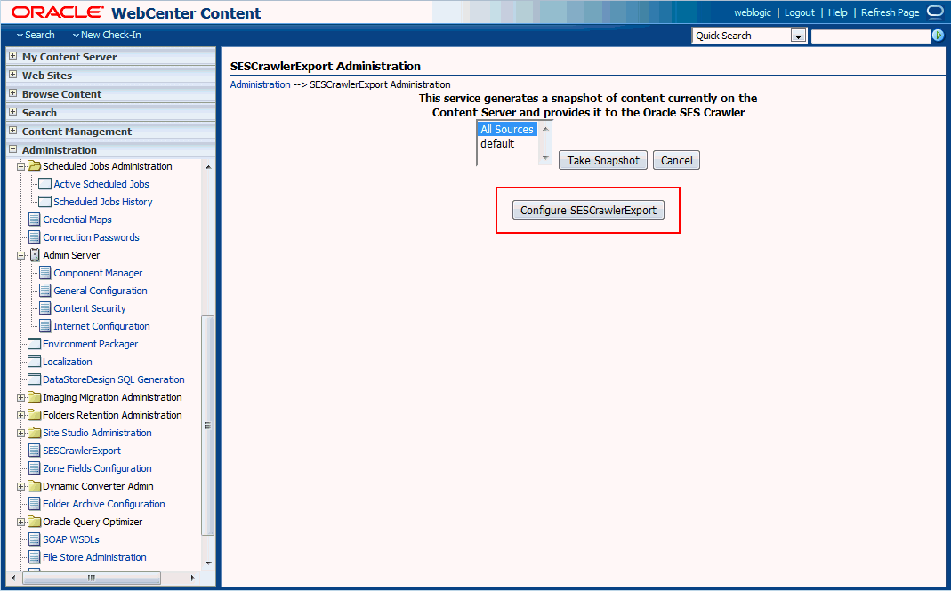 Configure SESCrawlExport button highlighted