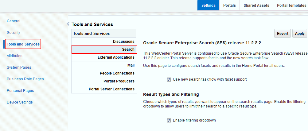 Administration search settings screen