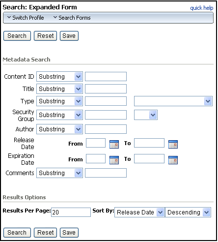 This image displays the Expanded Search form of Native UI