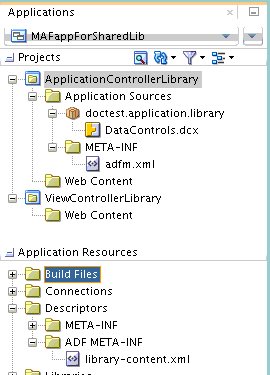 View of a newly-created MAF Application for Shared Library in the Applications window