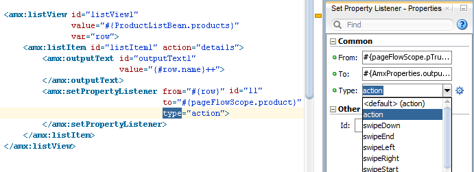 Shows the source view of an AMX page with a selected event type and the corresponding Property window in JDeveloper.