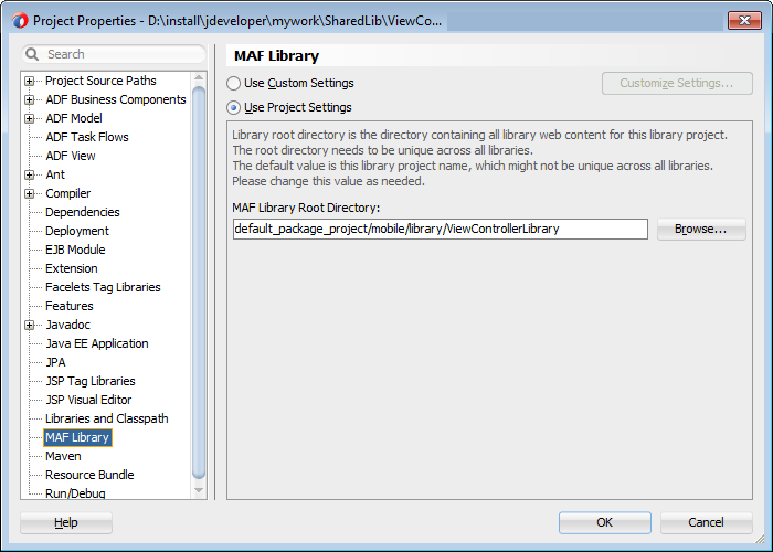 Project Properties Dialog Where You Set the MAF Library Root Directory Property