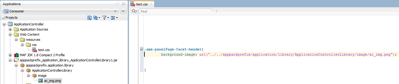 Illustrates how you specify a relative path in a CSS file to an image in a shared library.