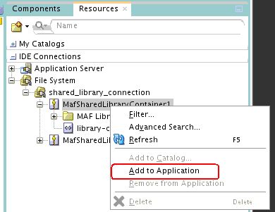 Shows the Add to Application context menu entry that appears when you right-click the shared library node in the Resources window.