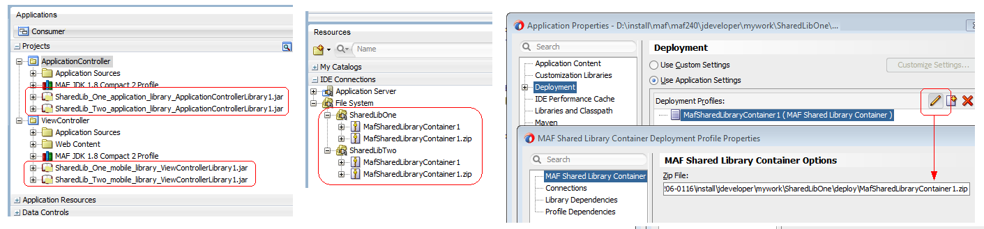 Shows default JAR and ZIP filenames generated by MAF’s shared library deployment profiles. Also shows a deployment profile dialog where you can edit these default values.