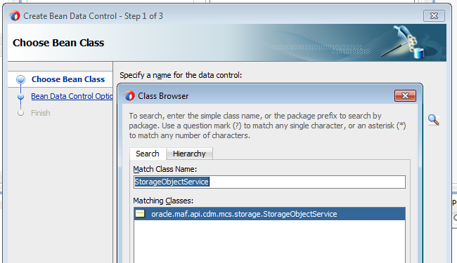View of the Class Browser dialog that has been invoked from the Create Bean Data Control dialog and where a user has entered StorageObjectService in the Match Class Name input field.