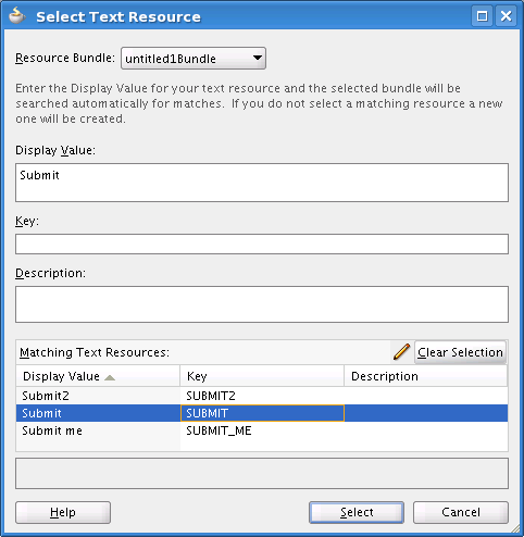 This image shows the Select Text Resource dialog for a Submit button. The options are next.