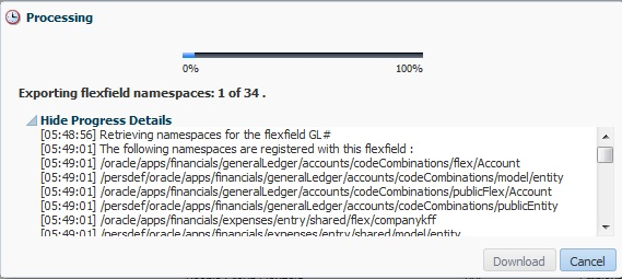 This image shows the Processing window where the progress details of exporting flexfield metadata files is displayed.