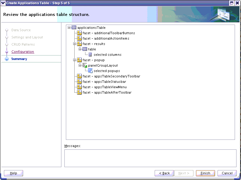 An image of step five of five of the Create Applications Table dialog.
