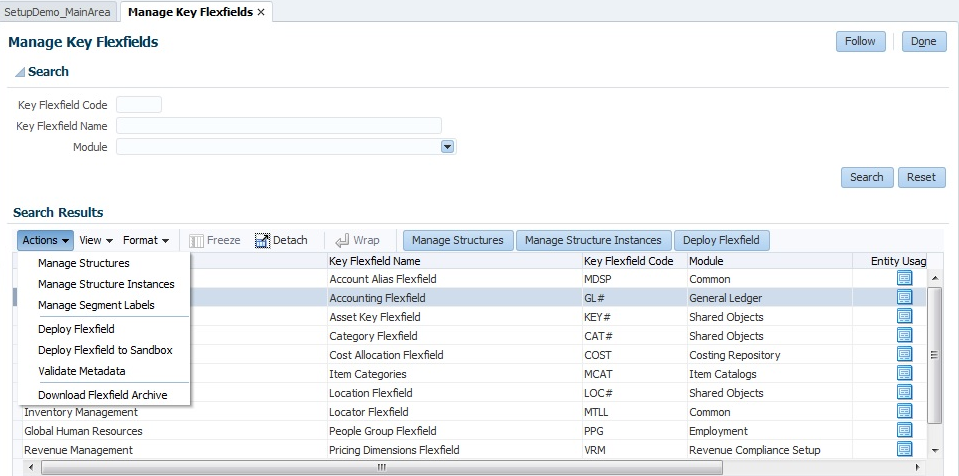 This image shows the Manage Key Flexfields Actions menu where Download Flexfield Archive is the last choice in the menu.