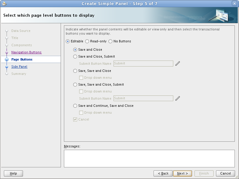 This image shows Step 5 of the Create Simple Panel wizard where you indicate the type of buttons and actions, or that you do not want buttons displayed.