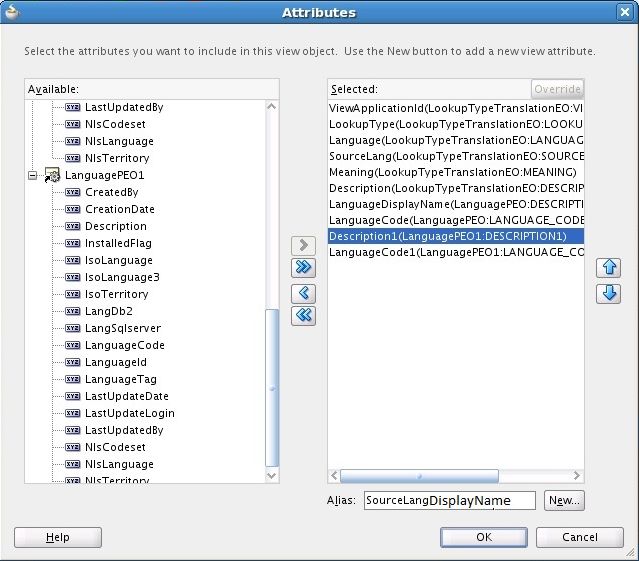 A screenshot showing creating of a SourceLanguageDisplayname alias for Description1 attribute.