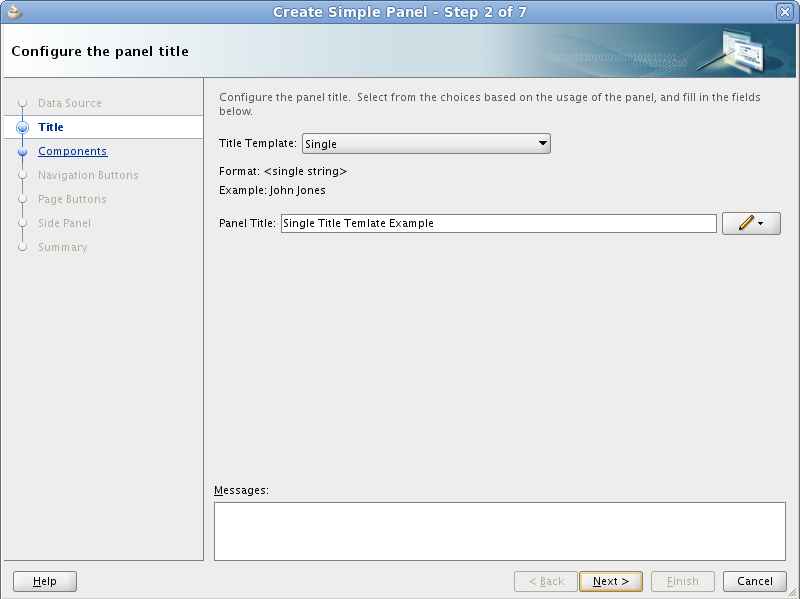 This image shows Step 2 of the Create Simple Panel wizard where you select the title template, add a panel title, and include any messages for the user.