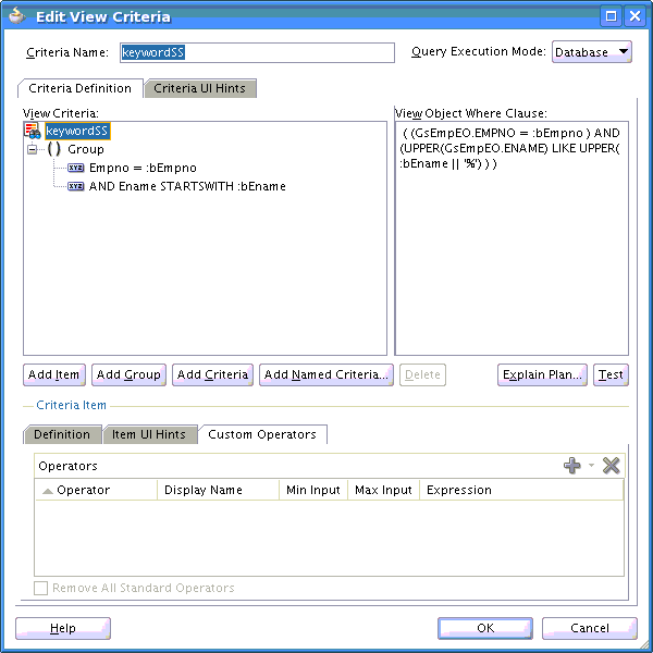 A screenshot showing the Custom Operators tab of the Edit View Criteria window.