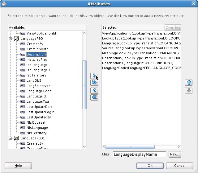 A screenshot showing creating a LanguageDisplayName alias for a description attribute.
