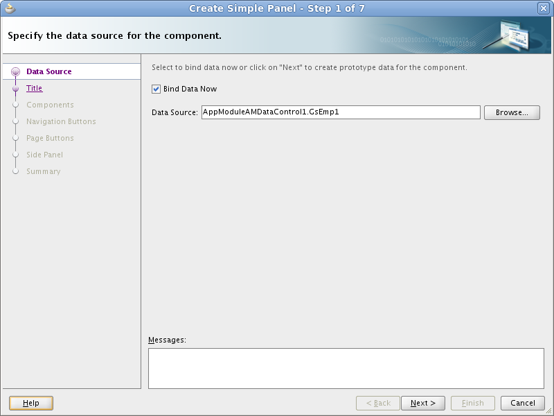 This image shows Step 1 of the Create Simple Panel wizard where you have the option to bind a data source now.
