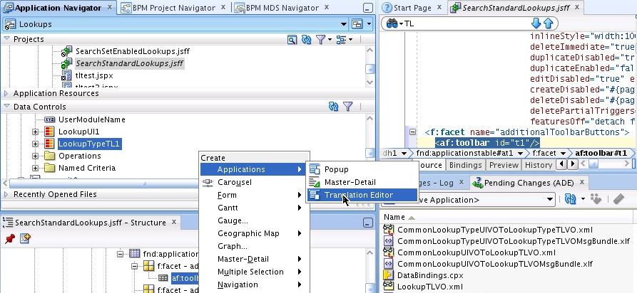 A screenshot showing the dragging and dropping of Translation Editor onto an existing af:toolbar.