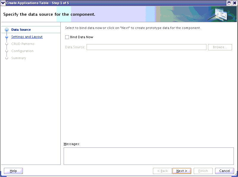 An image of the first of five steps of the Create Applications Table dialog.