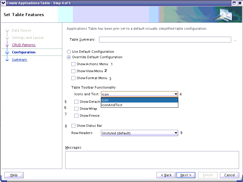 An image of step four of five of the Create Applications Table dialog.