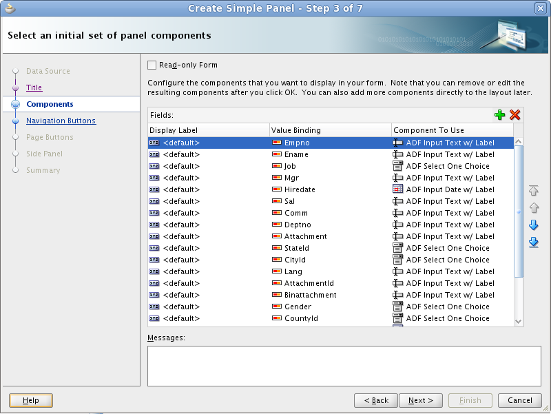 This image shows Step 3 of the Create Simple Panel wizard where you select the components you want to display in your form.