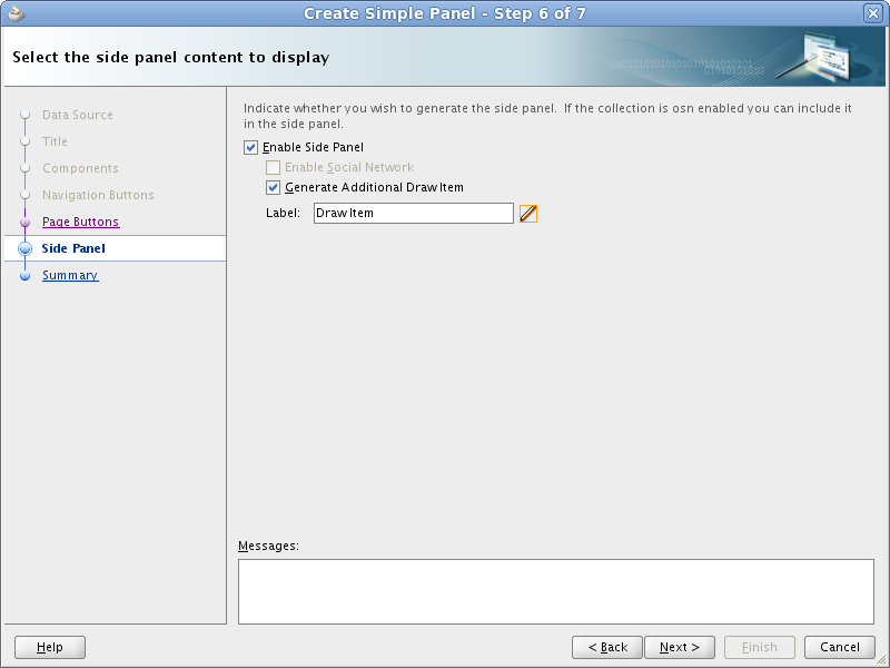 This image shows Step 6 of the Create Simple Panel wizard where you indicate whether you want a side panel.