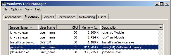 Selecting the java.exe process in Task Manager