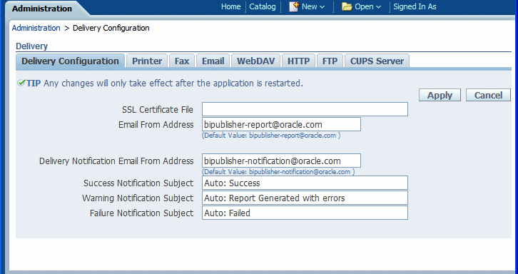 Delivery Configuration tab in the BI Publisher Administration page showing the SSL Certificate File, Email From Address, Delivery Notification Email From Address, Success Notification Subject, Warning Notification Subject, and Failure Notification options.
