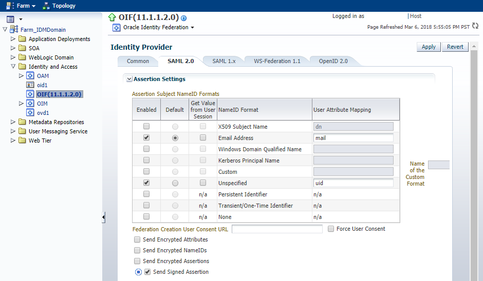 SAML 2.0 Identity Provider (IdP) properties page