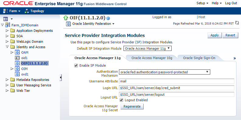 Service provider integration modules page in the Oracle Enterprise Manager Fusion Middleware Control console