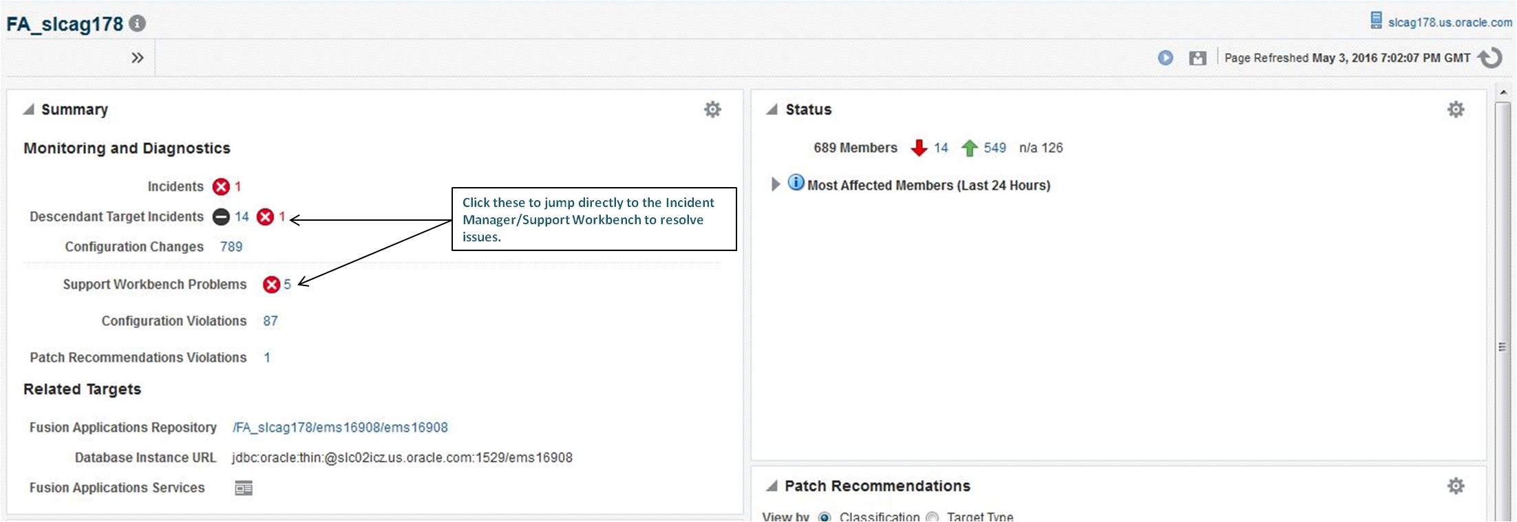 Screenshot of the Monitoring and Diagnostic Sections Page. Click the Descendant Target Incidents and Support Workbench Problems to jump directly to the incident Manager/Support Workbench to resolve issues