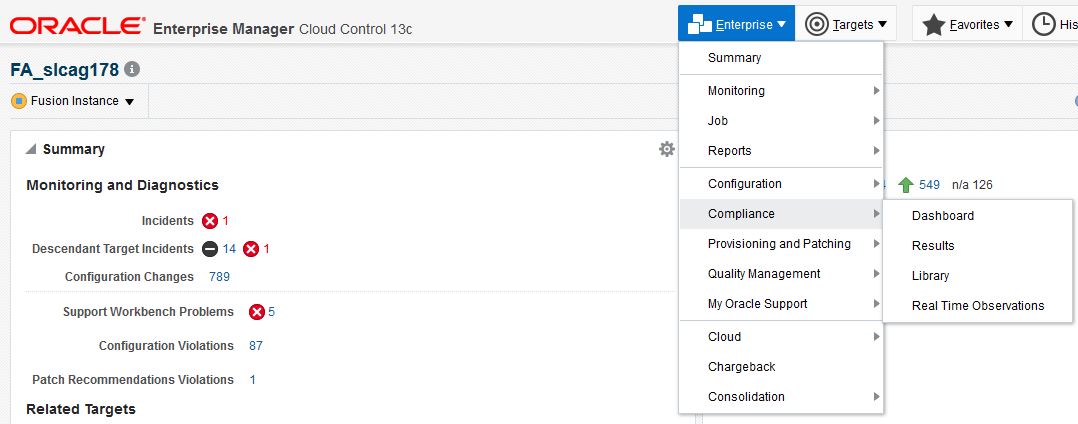 Screenshot of expansion of Enterprise and Compliance options in the Oracle Manager Cloud Control