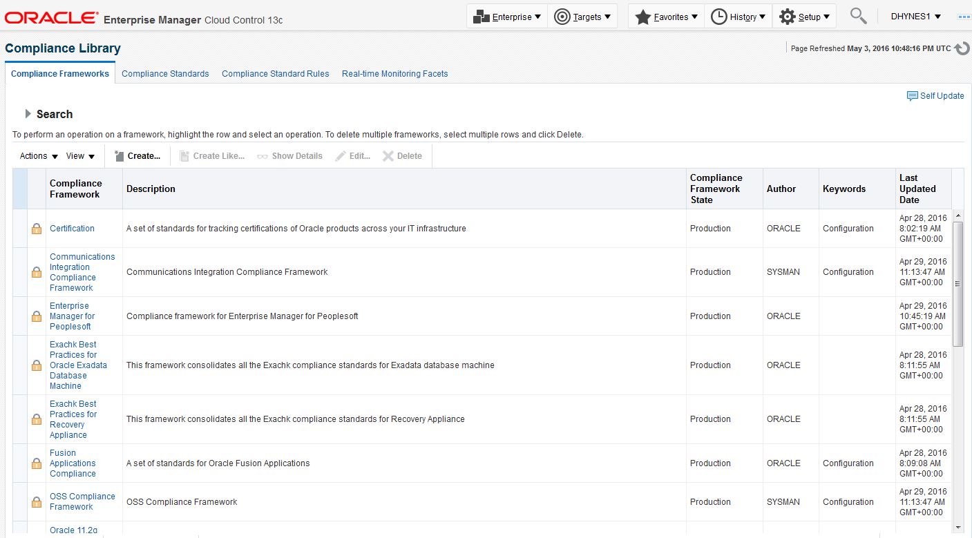 Screenshot of the Compliance Library home page in Oracle Enterprise Cloud Control