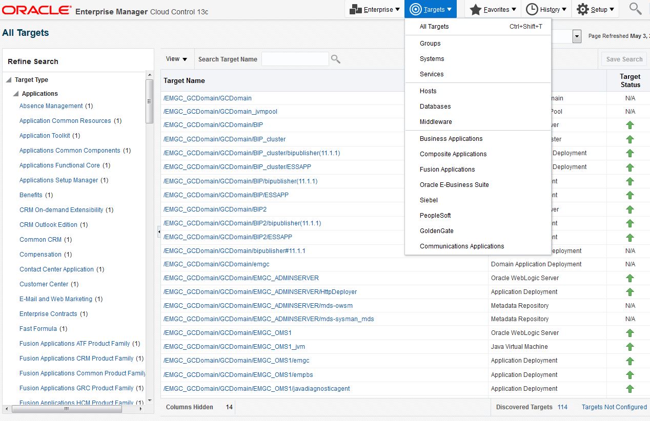 Screenshot of the selection of the Targets dropdown menu in the Oracle Fusion Applications page in Enterprise Manager Cloud Control