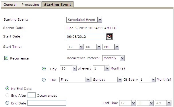 Dieses Bild zeigt die Registerkarte "Startereignis" der Aufgabenautomatisierung.